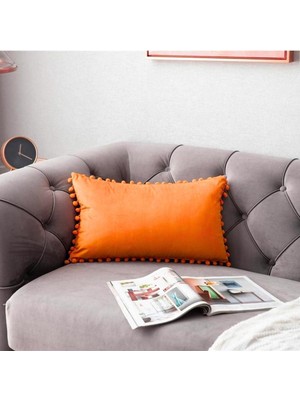 Woodhub Turuncu Minik Ponponlu Dikdörtgen Kırlent Kılıfı ,Yumuşak Dokulu , 1 Adet 30 X 50 Cm