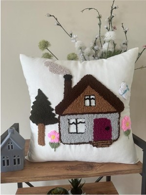 Woodhub Punchhatolyesii Ev Desen Modern Kırlent Kılıfı  Punch El Işlemesi El Emeği Ekru Renk 1 Adet