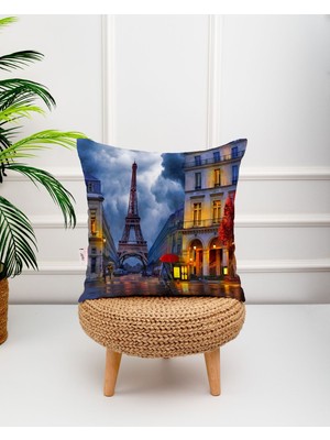 Woodhub Paris Temalı Kırlent Kılıfı , Paris Temalı Mavi Kırlent