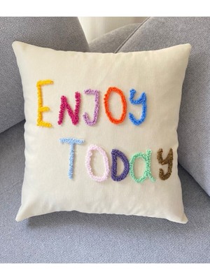 Woodhub Enjoy Today Yıkanmış Keten Renkli Motto Punch Kırlent Yastık Kılıfı