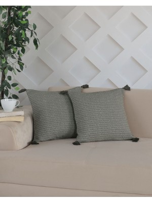 Woodhub Bergama Haki 2'Li Ponponlu Kırlent Kılıfı 45 X 45 Cm Yastık Minder Kılıfı Fermuarlı Püsküllü