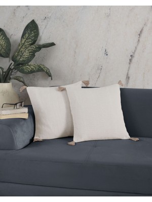 Woodhub Bergama Ekru 2'Li Bej Ponponlu Kırlent Kılıfı 45 X 45 Cm Yastık Minder Kılıfı Fermuarlı Püsküllü