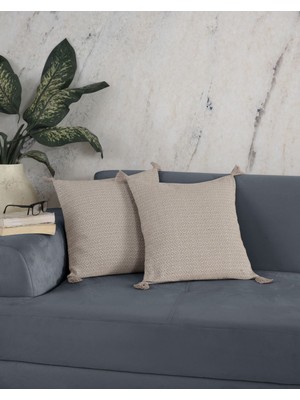 Woodhub Bergama Bej 2'Li Ponponlu Kırlent Kılıfı 45 X 45 Cm Yastık Minder Kılıfı Fermuarlı Püsküllü