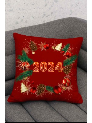 Woodhub Yılbaşı Temalı Kırmızı Renkli Küre Desenli Dijital Baskılı Kırlent Kılıfı