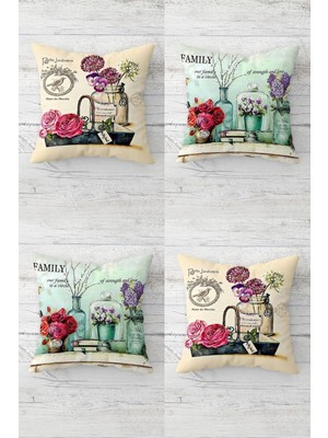 Woodhub Vazodaki Çiçekler Güller Vintage Gizli Fermuarlı Kırlent Kılıfı Koltuk Yastık Kılıfı Takım(4adet)