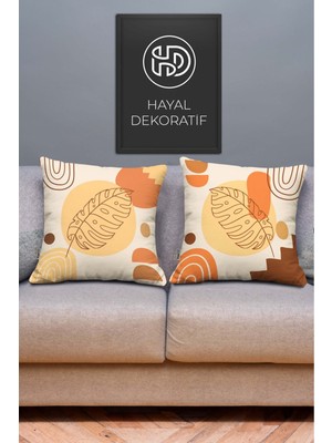 Woodhub Bohem Krem Renkli Yaprak Desenli 2'Li Dijital Baskılı Kırlent - Yastık Kılıfları