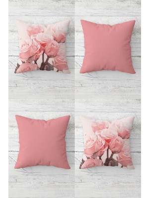 Woodhub Pembe Gül Buketi Vintage Gizli Fermuarlı Kırlent Kılıfı Koltuk Yastık Kılıfı Takım(4adet)