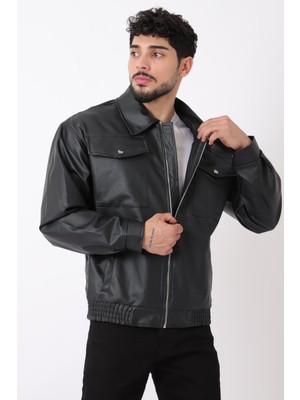 Büyük Cep Kapaklı Suni Deri Mont M Erkek Slim Fit Siyah Kışlık Uzun Kol
