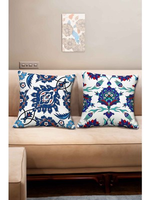 Woodhub Osmanlı Çini Desenli Mavi Kırmızı Beyaz Renkli 2'Li Dijital Baskılı Kırlent Kılıfı