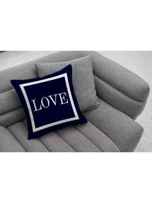 Woodhub Lacivert Beyaz Renkli Love Yazılı Dijital Baskılı Kırlent Kılıfı