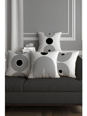 Woodhub Beyaz Zemin Siyah Desenli Modern 4lü Dekoratif Kırlent Kılıfı Seti