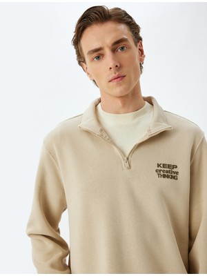 Koton Slogan Baskılı Sweatshirt Fermuarlı Yaka Şardonlu Pamuk Karışımlı