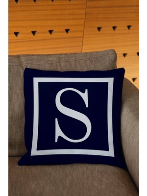 Woodhub Lacivert Beyaz Renkli Harfli Dijital Baskılı Kırlent Kılıfı