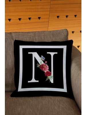 Woodhub Sevgililer Günü Temalı Çiçekli Siyah Beyaz Renkli Harfli Dijital Baskılı Kırlent Kılıfı