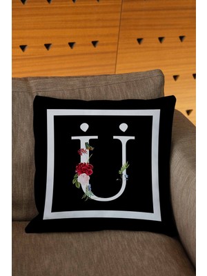 Woodhub Sevgililer Günü Temalı Çiçekli Siyah Beyaz Renkli Harfli lik Dijital Baskılı Kırlent Kılıfı