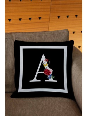 Woodhub Sevgililer Günü Temalı Çiçekli Siyah Beyaz Renkli Harfli lik Dijital Baskılı Kırlent Kılıfı