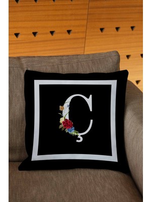 Woodhub Sevgililer Günü Temalı Çiçekli Siyah Beyaz Renkli Harfli Dijital Baskılı Kırlent Kılıfı