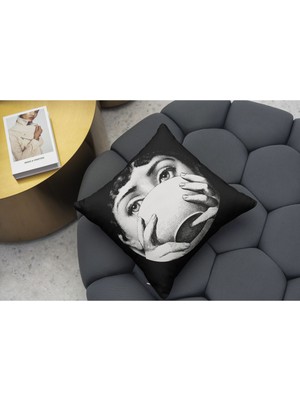 Woodhub Kırlent Kılıfı 874 Yüz Ve Fincan Temalı Siyah