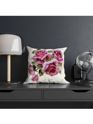 Woodhub Pembe Yeşil Renkli Gül Tasarımlı Dijital Baskılı Kırlent Kılıfı