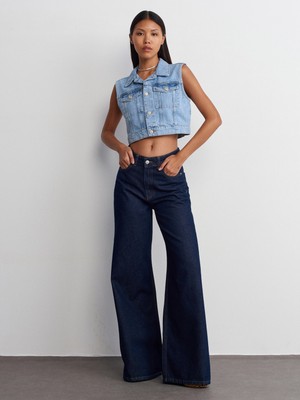 71706 Rins Yıkama Geniş Denim Pantolon-Lacivert