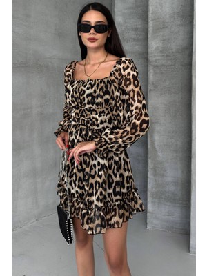 Zishan Fashion Leopar Desenli Düşük Omuz Şifon Mini Kadın Abiye Elbise 006