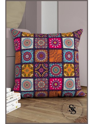 Woodhub Patchwork Mandala Desenli Dijital Baskılı Kırlent Kılıfı