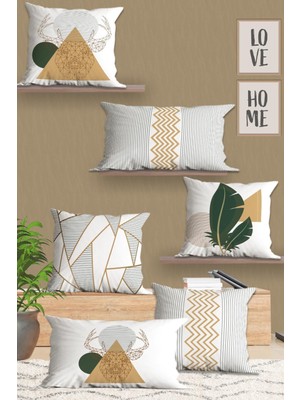 Woodhub Modern Yeşil Beyaz 6'Lı Çift Tarafı Baskılı Dikdörtgen 30x50 Ve 43x43 Kare Kırlent Kılıfı Seti