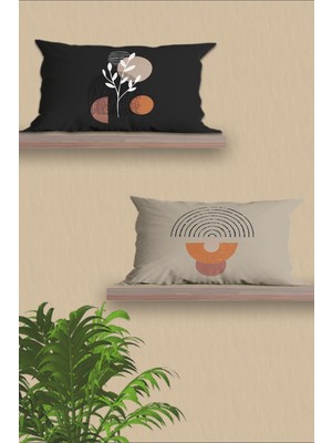 Woodhub Dikdörtgen 30x50 2'Li Çift Tarafı Baskılı Bej Antrasit Tasarım Yastık Kılıfı Kırlent Kılıfı Seti