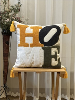 Woodhub Tekli Home Yazılı Punch Işlemeli Nakışlı Dekoratif Premium Kırlent Kılıfı