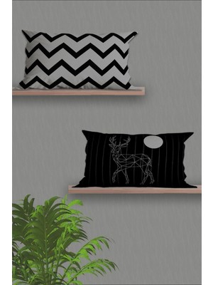 Woodhub Dikdörtgen 30x50 2'Li Çift Tarafı Baskılı Siyah Gri Tasarım Yastık Kılıfı Kırlent Kılıfı Seti