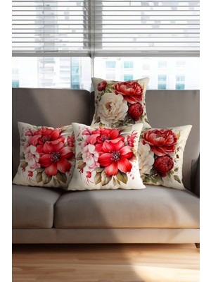 Woodhub Krem Zemin Kırmızı Çiçek Ve Hilal Desenli Dijital Baskılı Lik 4lü Kırlent Yastık Kılıfı Seti