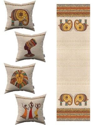 Woodhub Krem Etnik Afrika Figürlü Fil Desenli 4'Lü Kırlent Kılıfı 1 Runner Seti 4kmbs304-Rs-1