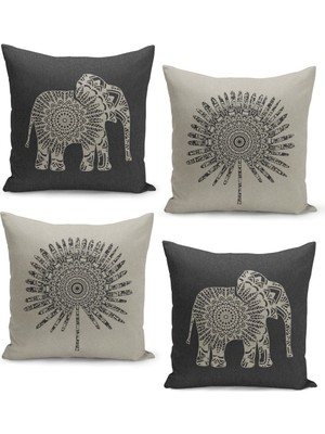 Woodhub 4'Lü Kırlent Kılıf Seti Keten Tweed Zemin Görünüm Etnik Bohem Ve Fil Desenli