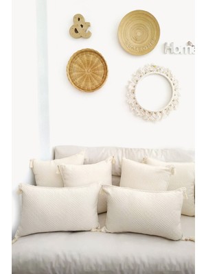 Woodhub 4 Kare 2 Dikdörtgen Handmade Elişi Natural Buldan Bezi Organik Pamuklu Püsküllü Kırlent Kılıfı