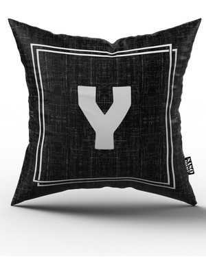 Woodhub Harfli Y Harfi Siyah Zemin Harfli Dekoratif Dijital Baskılı Kırlent Yastık Kılıfı