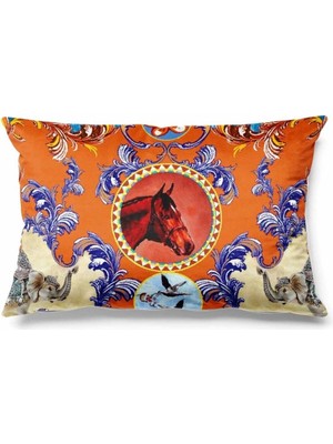 Woodhub Dikdörtgen Rokoko Desenli Çift Tarafı Baskılı Süet Kırlent Kılıfı