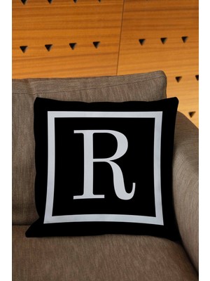 Woodhub Siyah Renkli Beyaz Yazılı R Harfli Dijital Baskılı Kırlent Kılıfı