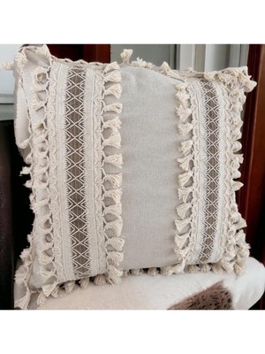 Woodhub Kalın Dantel Ponponlu Krem Kırlent Kırlent Kılıfı (43 X 43)