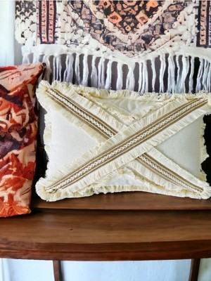 Woodhub Çapraz Çoklu Püsküllü Keten Krem Kırlent Kırlent Kılıfı (35 X 55)