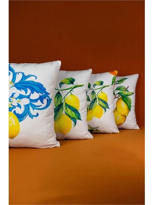 Woodhub Çift Taraflı Beyaz Sarı Limon Desenli 4'Lü Dijital Baskılı Kırlent Kılıfı Seti 4kmbs90-Ct