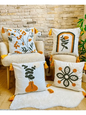 Woodhub Home Design 4'Lü Kombin Punch Işlemeli Kırlent Kılıfı (Panç)