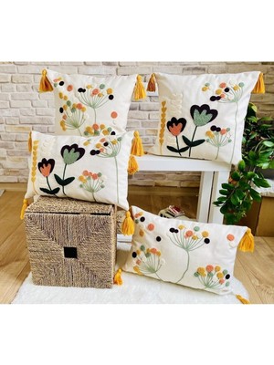 Woodhub Home Design 4'Lü Kombin Punch Işlemeli Kırlent Kılıfı (Panç)