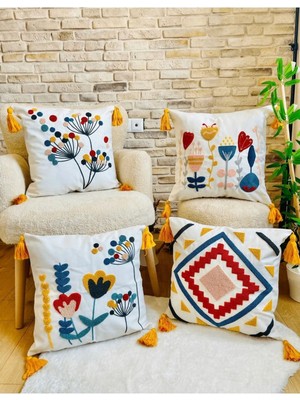 Woodhub Home Design 4'Lü Kombin Punch Işlemeli Kırlent Kılıfı (Panç)