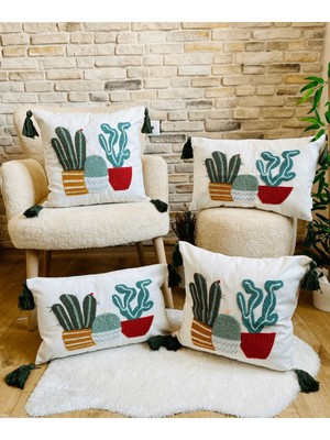 Woodhub 4'Lü Kombin Punch Işlemeli Kırlent Kılıfı (Panç)