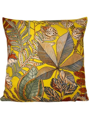 Woodhub Yaprak Desen Hardal Sarı Kırlent Kılıfı 44x44 Cm