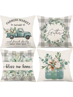 Woodhub Bahar Yaz Kırlent Set Botanik Çiçek Desenli Arabalı Flower Vizon Gri Dekoratif 4 Lü Kırlent Kılıfı