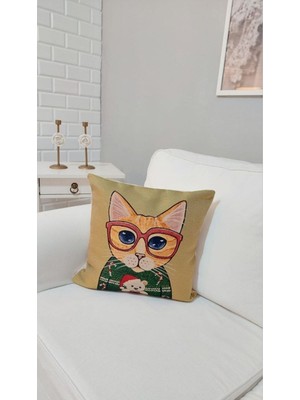 Woodhub Gözlüklü Kedi Dokuma Kırlent Kılıf