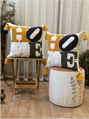 Woodhub 2'Li Home Yazılı Punch Işlemeli Nakışlı Dekoratif  Kırlent Kılıfı
