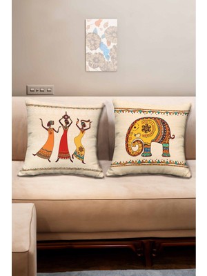 Woodhub Afrika Temalı Fil Ve Kadın Figürlü Turuncu Krem Sarı Renkli 2'Li Dijital Baskılı Kırlent Kılıfı