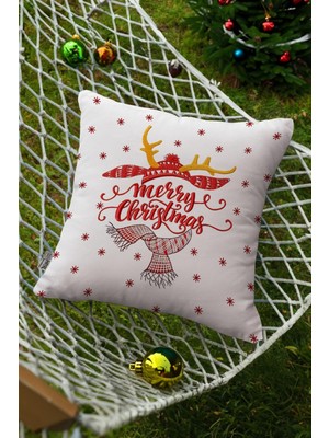 Woodhub Yılbaşı Merry Christmas Yazılı Kırmızı Beyaz Dijital Baskılı Dekoratif Yastık Kırlent Kılıfı